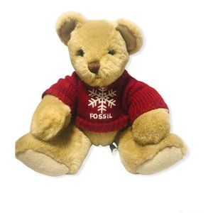 Fossil Teddy Bear Bean Plush Red Snowflake Sweater 10.5” Embroidered Toy Easter
